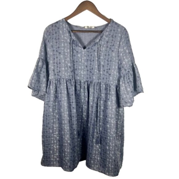 Umgee Womens Floral Chambray Baby Doll Dress Size M Blue Bell Sleeves Boho Twee - Picture 1 of 13